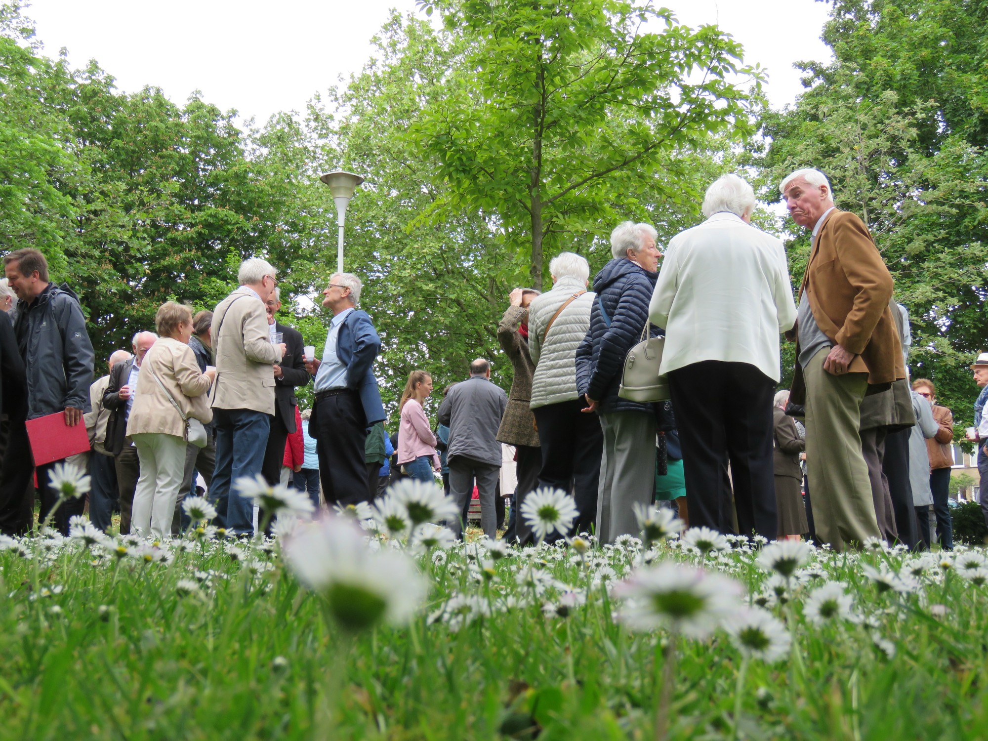 Receptie t.g.v. Rerum Novarum op het gras voor de kerk