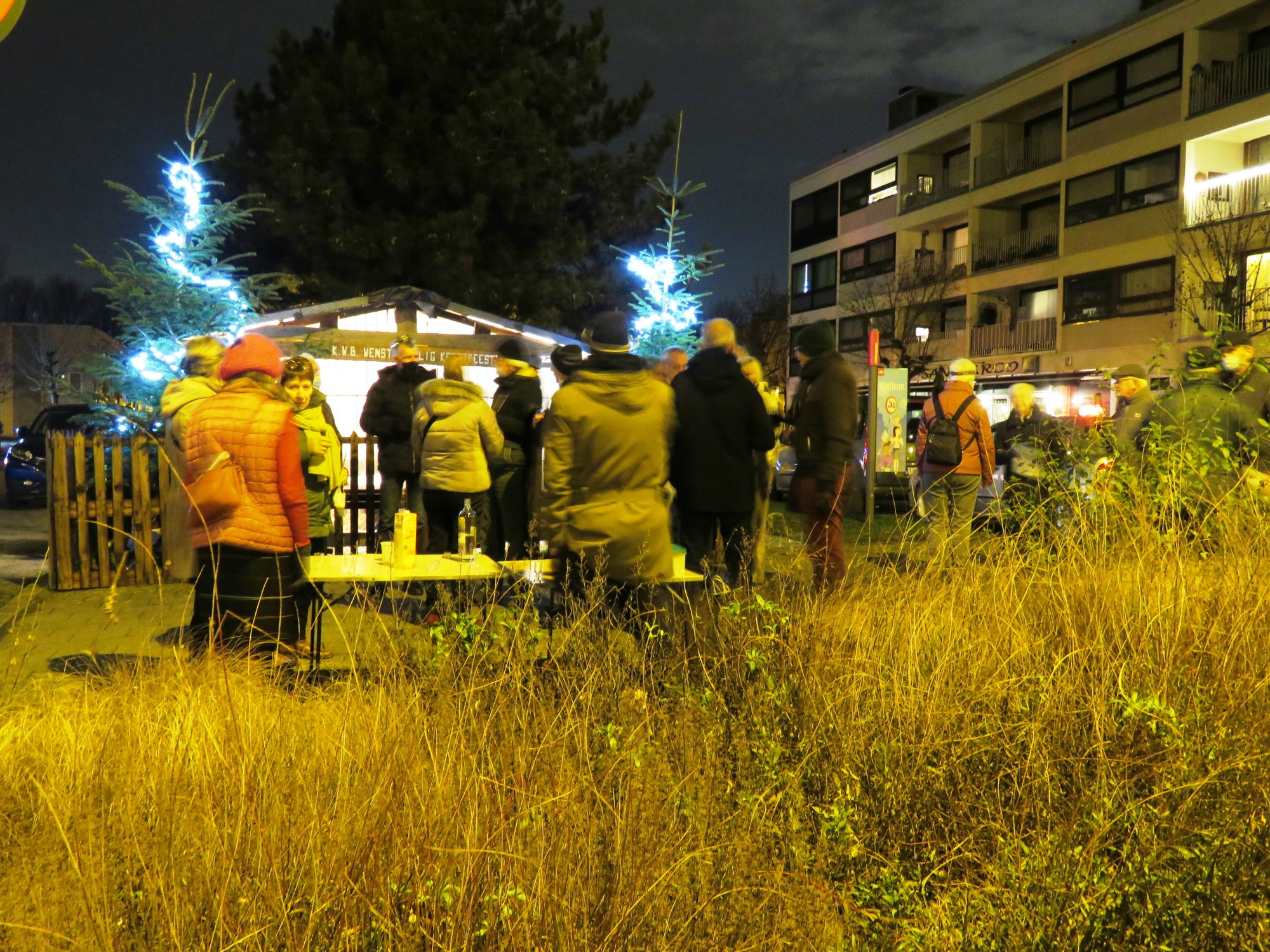 Driekoningen zingen aan de KWB kerststal in de Melis Stokelaan