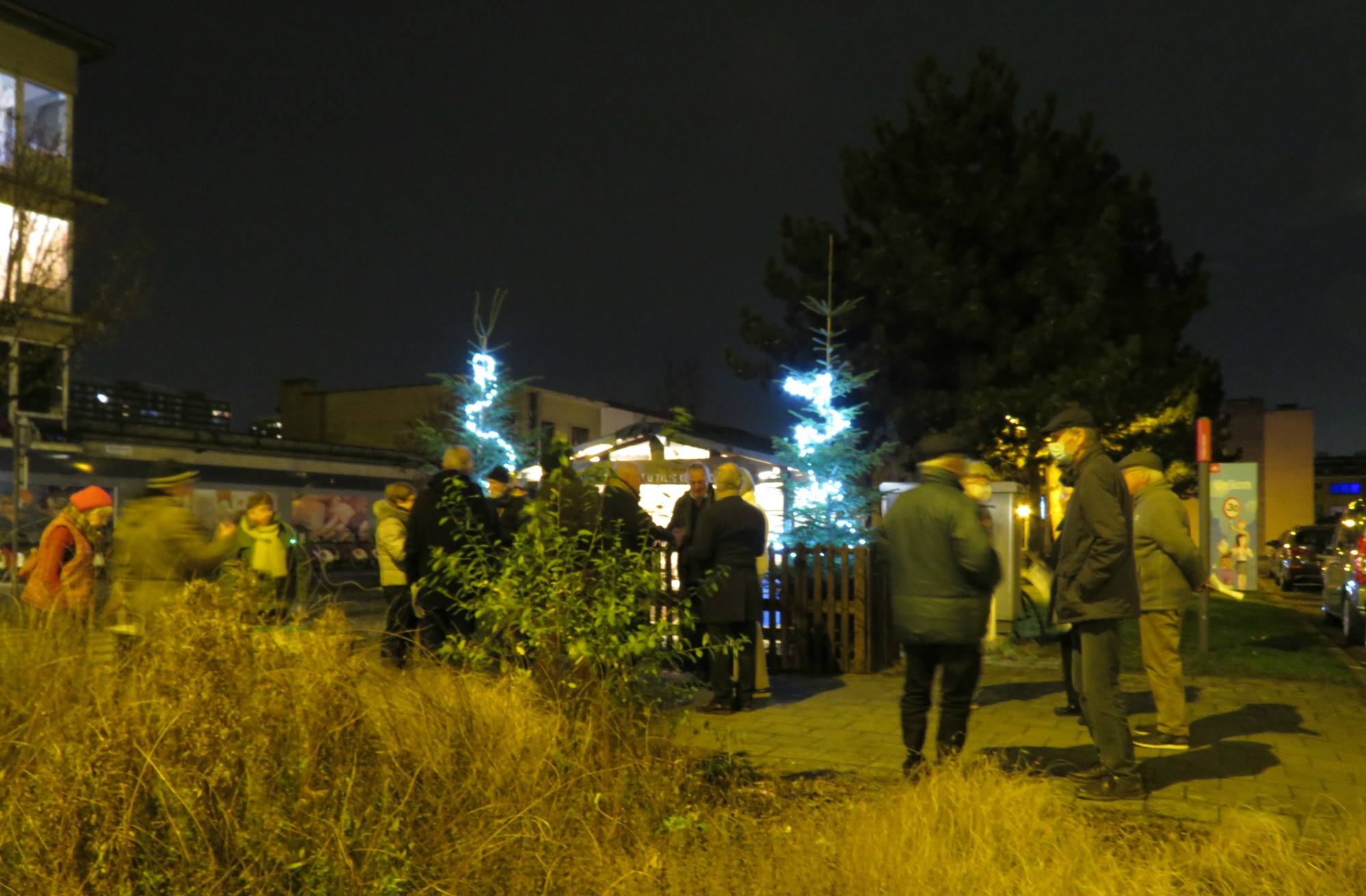 Driekoningen zingen aan de KWB kerststal in de Melis Stokelaan